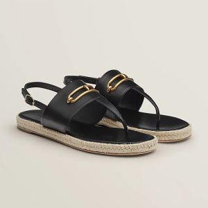 Hermes Eloise Espadrille Sandals Women Calfskin with Roulis Buckle In Black