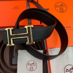 Hermes H Leather Buckle 38MM Reversible Belt Togo Leather In Black/Gold