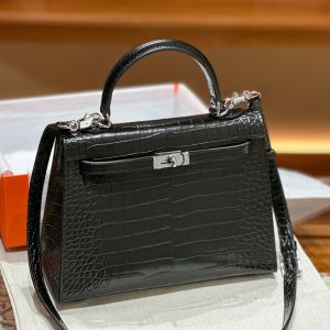 Hermes Kelly Bag Alligator Leather Palladium Hardware In Black