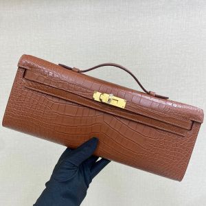 Hermes Kelly Cut Clutch Crocodile Leather Gold Hardware In Brown