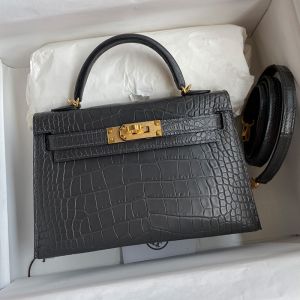 Hermes Mini Kelly II Bag Alligator Leather Gold Hardware In Black