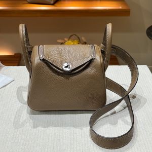 Hermes Mini Lindy Bag Togo Leather Palladium Hardware In Khaki