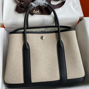 Hermes Garden Party Bag Canvas Palladium Hardware In Black