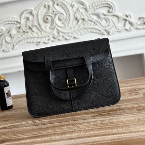 Hermes Halzan Bag Clemence Leather In Black