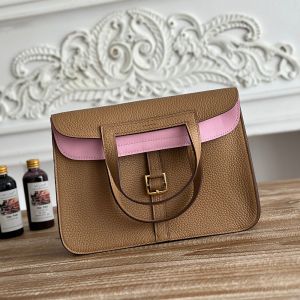 Hermes Halzan Bag Clemence Leather In Camel/Pink