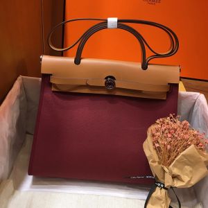 Hermes Herbag Bag Canvas Palladium Hardware In Burgundy/Brown