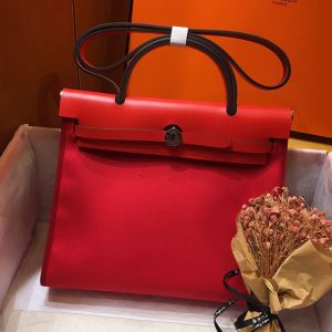 Hermes Herbag Bag Canvas Palladium Hardware In Red