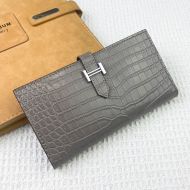 Hermes Bearn Wallet Alligator Leather Palladium Hardware In Grey