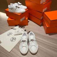 Hermes Day Sneakers Unisex Calfskin In White/Silver