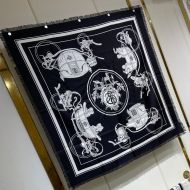 Hermes Ex-Libris Fringed Scarf 90 In Black