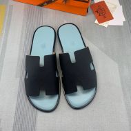 Hermes Izmir Slides Men Calfskin In Black/Blue