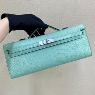 Hermes Kelly Cut Clutch Crocodile Leather Palladium Hardware In Mint Green