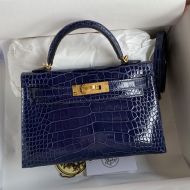 Hermes Mini Kelly II Bag Alligator Leather Gold Hardware In Blue