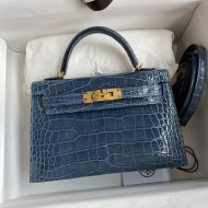 Hermes Mini Kelly II Bag Alligator Leather Gold Hardware In Blue