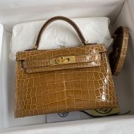 Hermes Mini Kelly II Bag Alligator Leather Gold Hardware In Brown