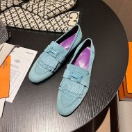 Hermes Royal Loafers Women Suede with Fringe and H Buckle In Sky Blue