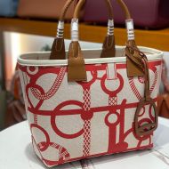 Hermes Steeple 25 Bag H Plume Canvas with Clic Clac Panoplie Equestre Motif In Beige/Red